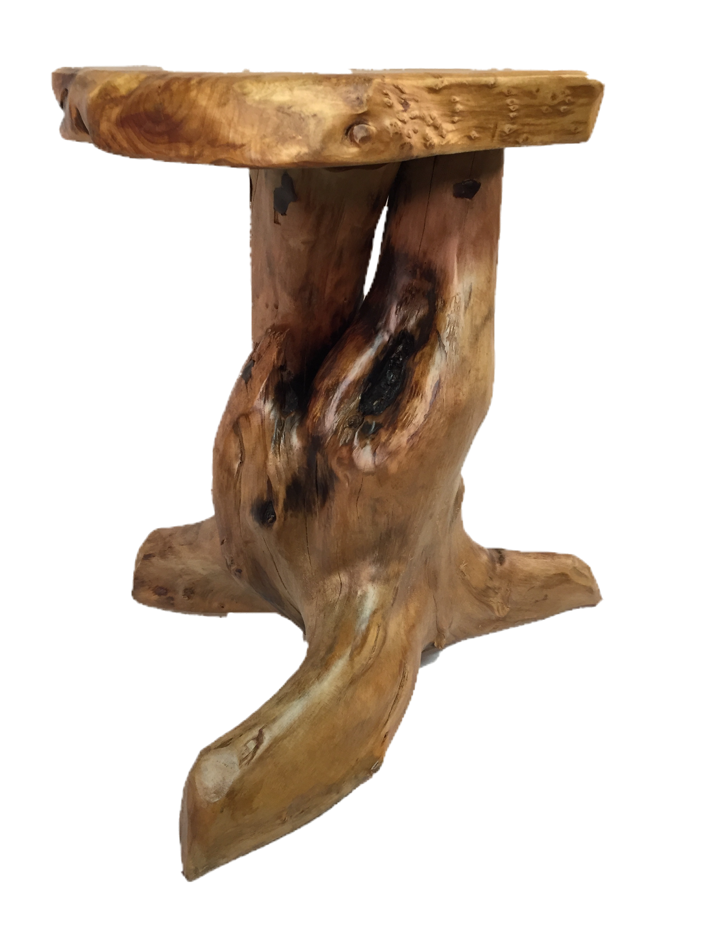 FUNCTIONAL ART is the best way to describe Greener Valley's stunning collection of stumps and roots that have been handcrafted into beautiful wine holders, cheese boards, platters, bowls and stools. Handcrafted from the roots and stumps of the Asian Cypress known as Shan Mu. These beautiful stools function equally well as a stool, end table or plant stand. Each piece is absolutely unique. This stool measures 24" high.