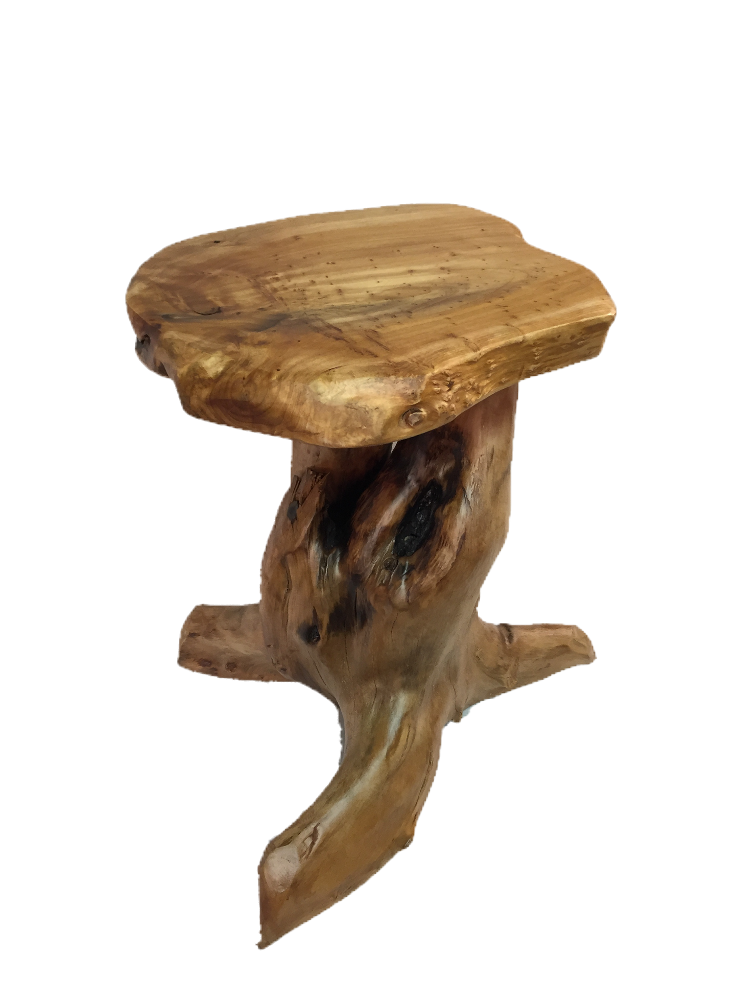 FUNCTIONAL ART is the best way to describe Greener Valley's stunning collection of stumps and roots that have been handcrafted into beautiful wine holders, cheese boards, platters, bowls and stools. Handcrafted from the roots and stumps of the Asian Cypress known as Shan Mu. These beautiful stools function equally well as a stool, end table or plant stand. Each piece is absolutely unique. This stool measures 24" high.