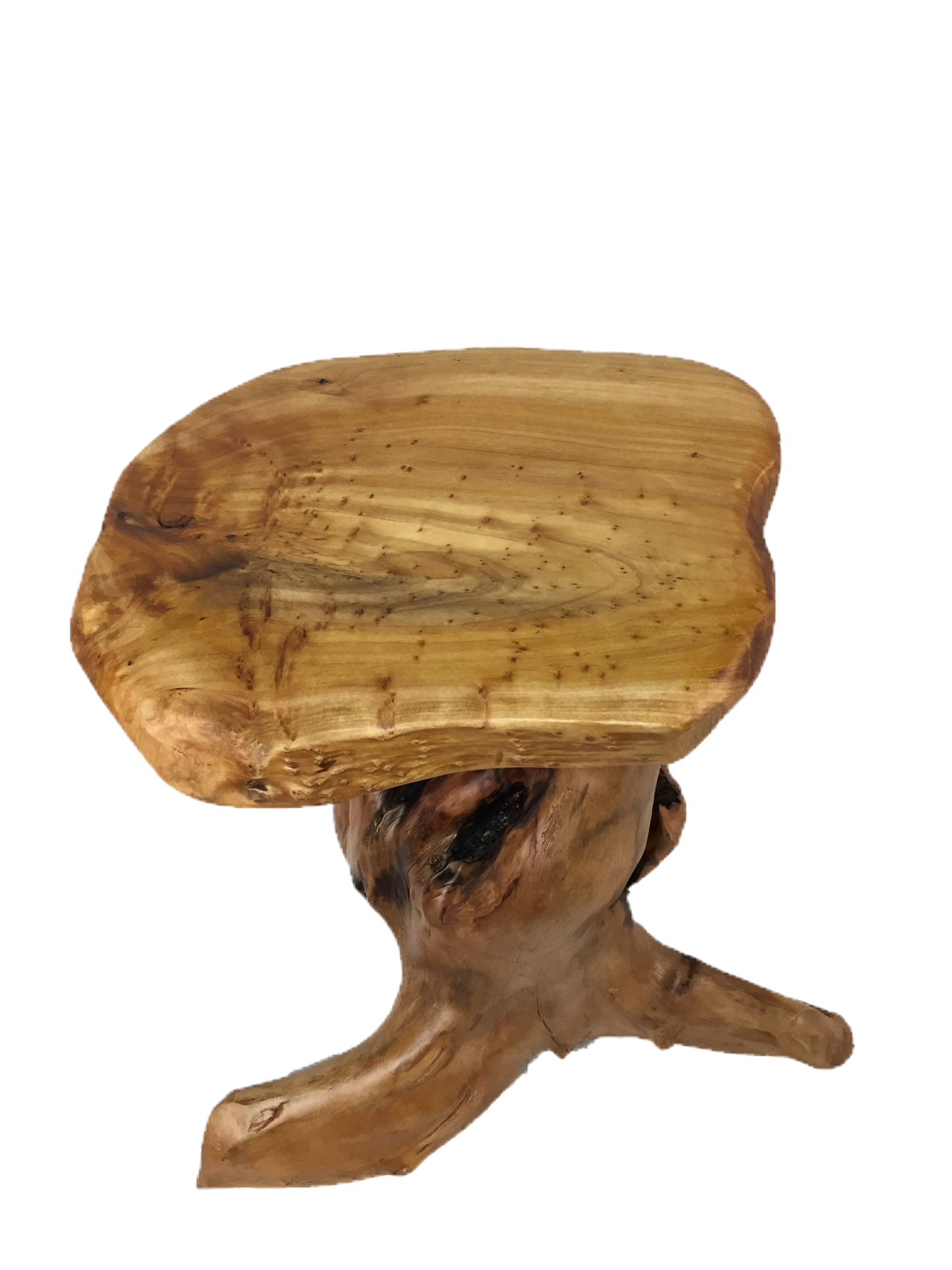 FUNCTIONAL ART is the best way to describe Greener Valley's stunning collection of stumps and roots that have been handcrafted into beautiful wine holders, cheese boards, platters, bowls and stools. Handcrafted from the roots and stumps of the Asian Cypress known as Shan Mu. These beautiful stools function equally well as a stool, end table or plant stand. Each piece is absolutely unique. This stool measures 24" high.