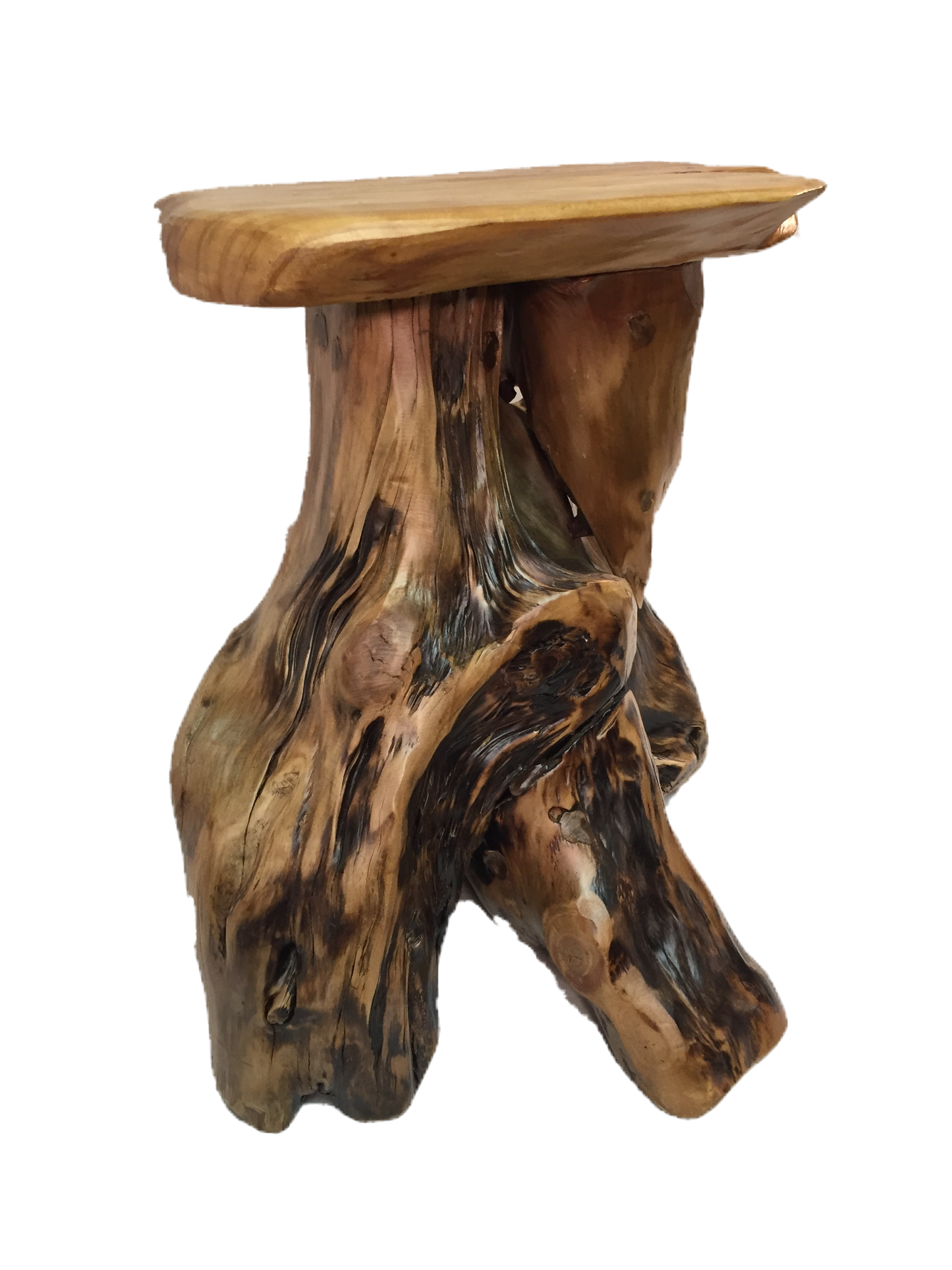 FUNCTIONAL ART is the best way to describe Greener Valley's stunning collection of stumps and roots that have been handcrafted into beautiful wine holders, cheese boards, platters, bowls and stools. Handcrafted from the roots and stumps of the Asian Cypress known as Shan Mu. These beautiful stools function equally well as a stool, end table or plant stand. Each piece is absolutely unique. This stool measures 24" high.