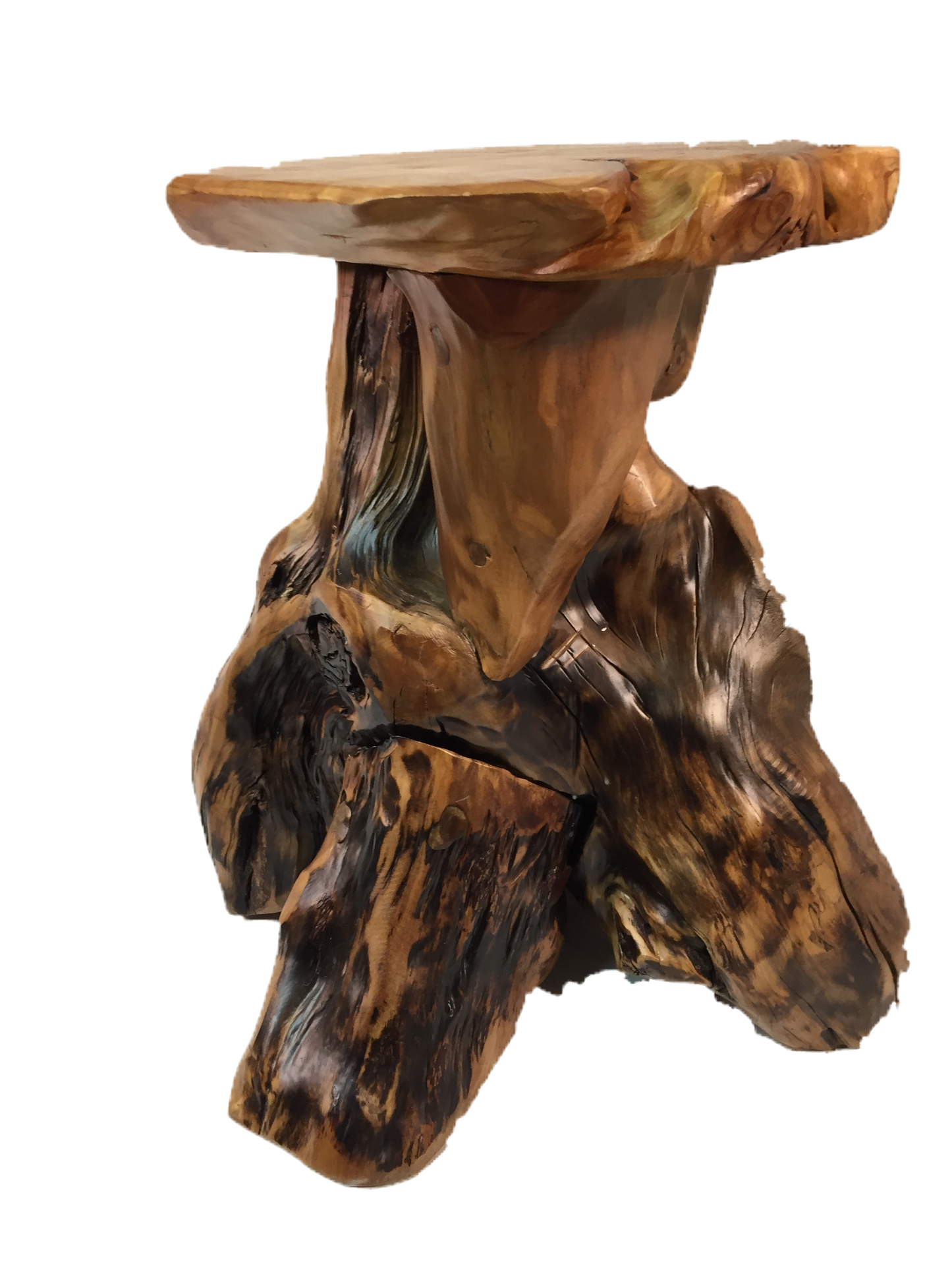 FUNCTIONAL ART is the best way to describe Greener Valley's stunning collection of stumps and roots that have been handcrafted into beautiful wine holders, cheese boards, platters, bowls and stools. Handcrafted from the roots and stumps of the Asian Cypress known as Shan Mu. These beautiful stools function equally well as a stool, end table or plant stand. Each piece is absolutely unique. This stool measures 24" high.