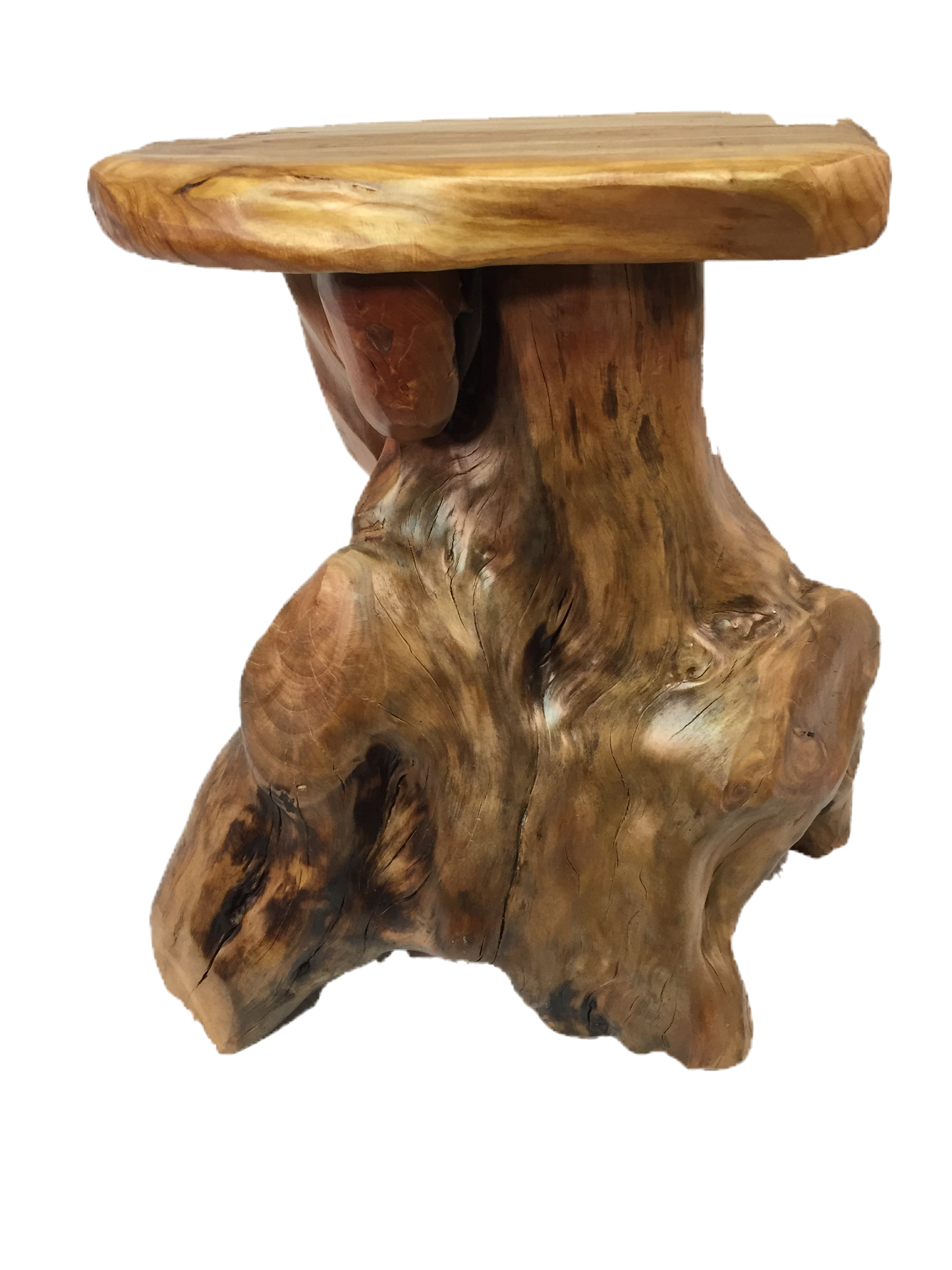 FUNCTIONAL ART is the best way to describe Greener Valley's stunning collection of stumps and roots that have been handcrafted into beautiful wine holders, cheese boards, platters, bowls and stools. Handcrafted from the roots and stumps of the Asian Cypress known as Shan Mu. These beautiful stools function equally well as a stool, end table or plant stand. Each piece is absolutely unique. This stool measures 24" high.