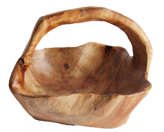 Hand-Crafted Root Wood Live Edge Basket with Handle - Medium Large  (12-13" / 5-6")