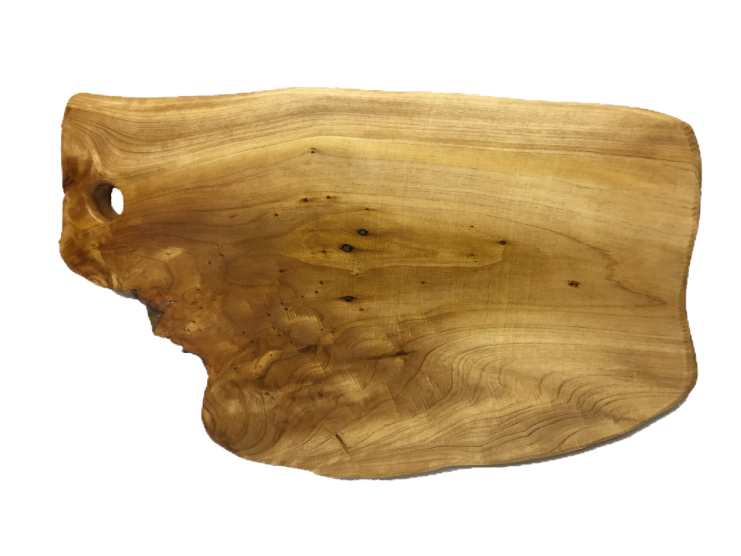 Hand-Crafted Root Wood Live Edge Cheese/Cutting Board with hole (8-9" x 14" x 1.5")